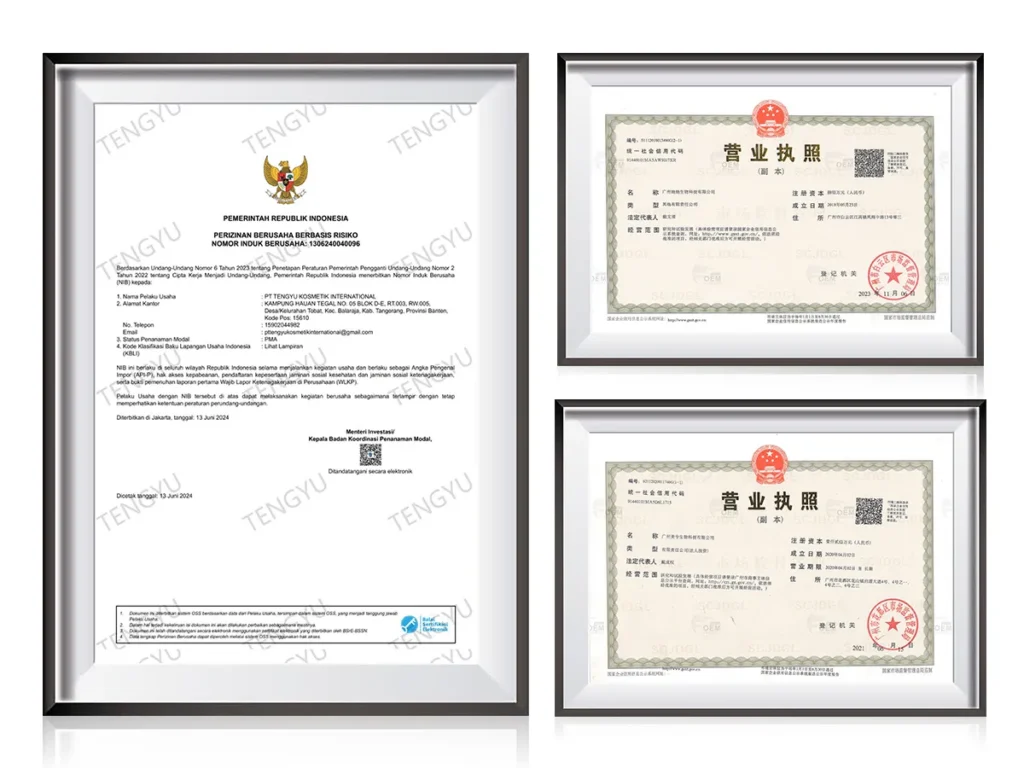 *Certificate shown for the relevant manufacturing entity within TY Cosmetic’s operating structure. Buyers may request documentation explaining the relationship among the brand-facing, contracting, exporting, and manufacturing entities.