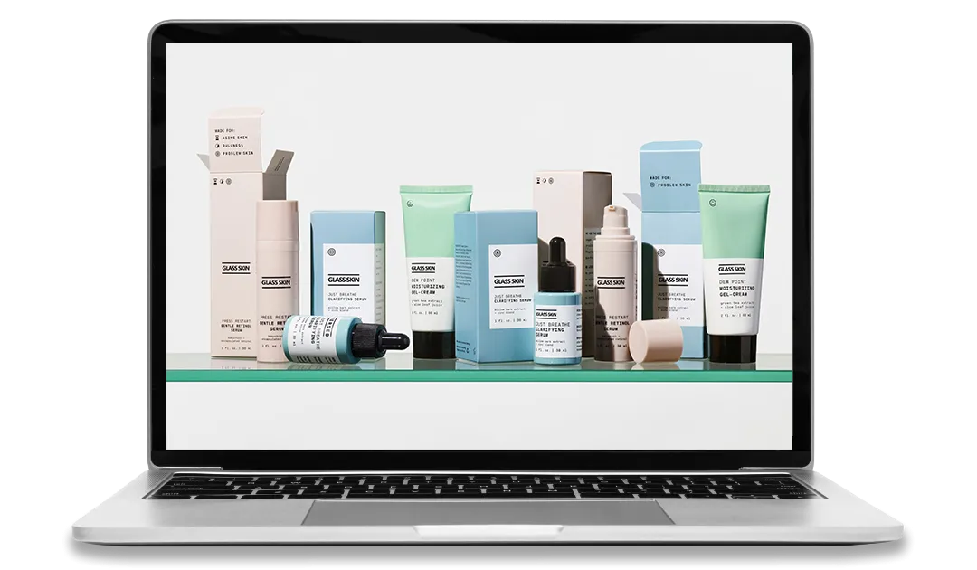 Private label beauty product catalog displayed on a laptop