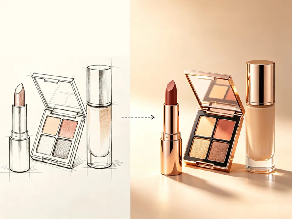 Cosmetic product sketches and finished products