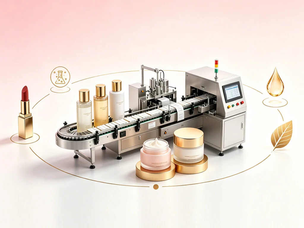 Cosmetics production line with filling and packaging equipment
