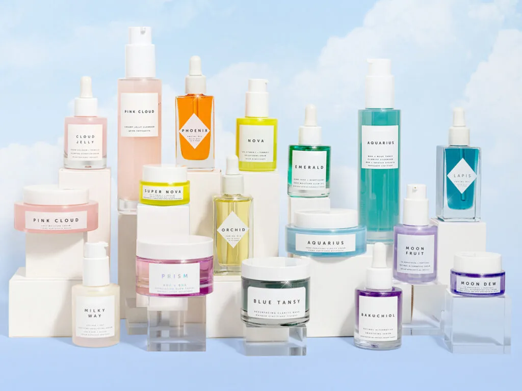 Skincare and cosmetic products in a product display
