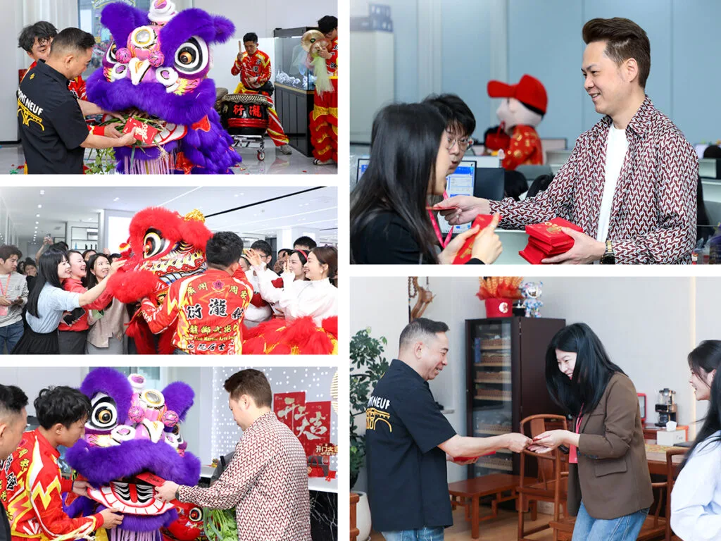 Colleagues sharing red envelopes during the new year celebration