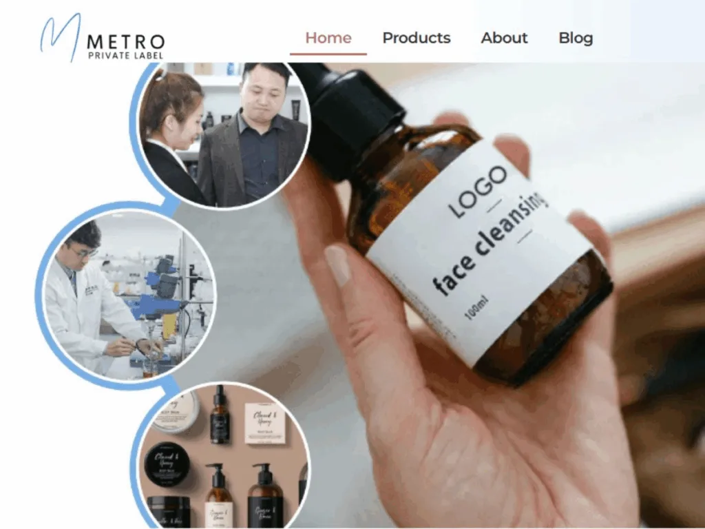 Metro Private Label cosmetic manufacturing website and products