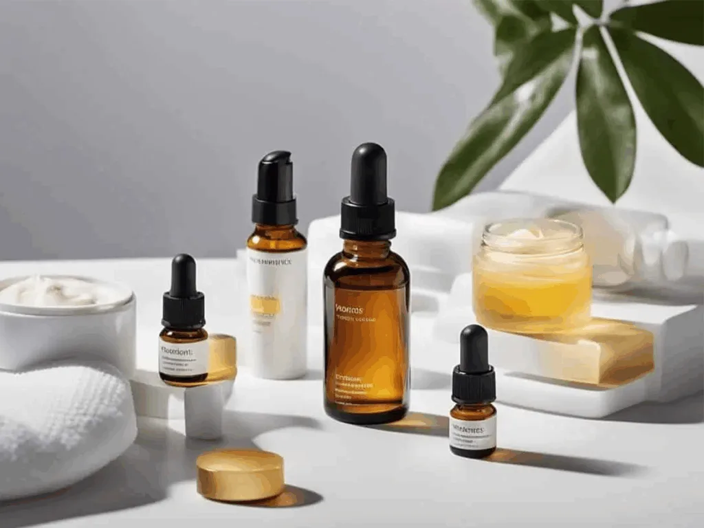 Skincare serum bottles on a tray